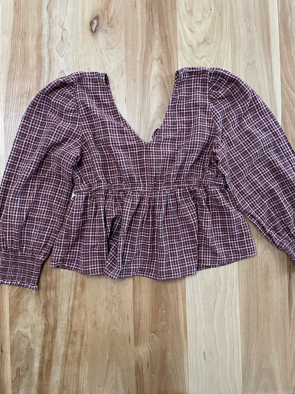 Madewell Tie Back Peplum Top Long Sleeve Smocked Waist Large Plaid